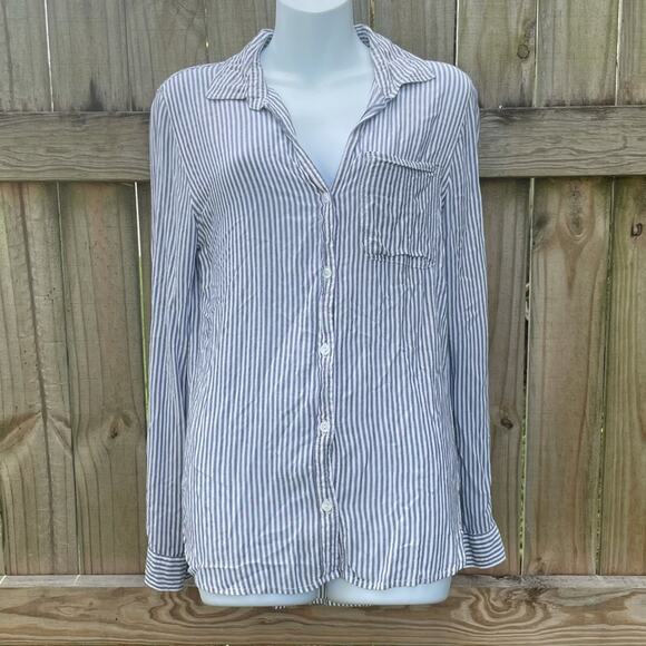 Velvet Heart navy white railroad stripe long sleeve button down - Picture 1 of 4